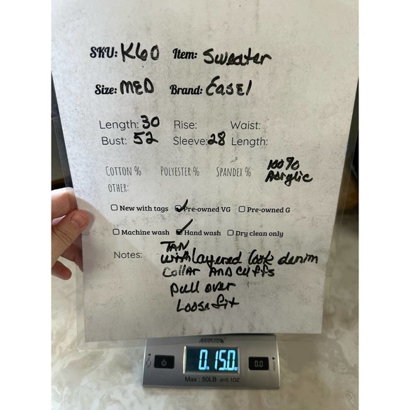 Easel Multi-tone Beige Sweater With Acid Wash Jean Collar Loose Fit - Picture 5 of 5